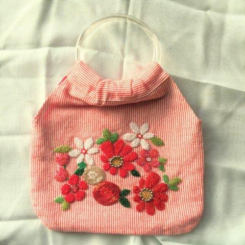 フラワービーズ刺繍　手提げバッグ