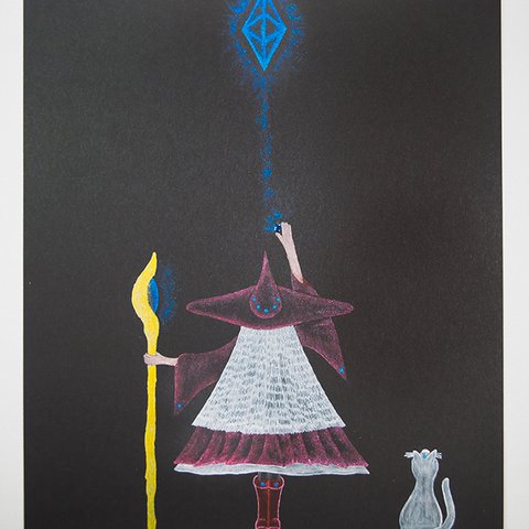ヒーリングアートプリント「魔女と猫　神聖八面体のパワー」[A5]