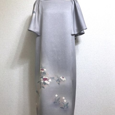着物リメイク　紫陽花のフレアスリーブワンピースドレス