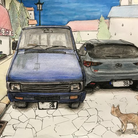 ポストカード　『2台の車と石畳』イラスト　カード　贈り物　2枚セット