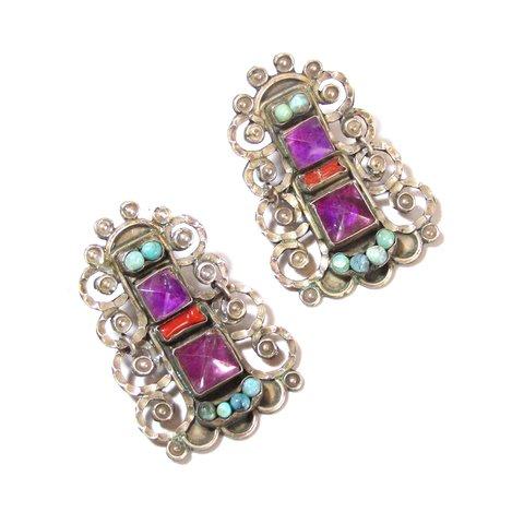 60s Vintage Mexican Jewelry Coral × Amethyst × Turquoise Silver Design Earrings