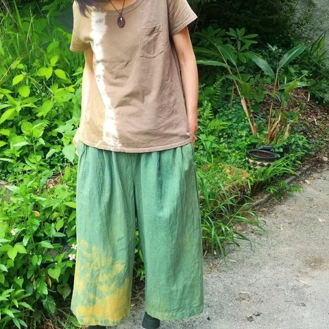 草木染めhemp wide pants*麻ワイドパンツ／藍染め麻のバギーパンツ／蓮染めリネンスカッツ