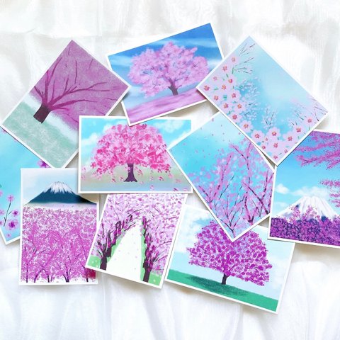 ポストカード10枚　桜　富士山　景色　キレイ　ピンク　かわいい　風景　春　お花　はがき　イラスト　デザイン　