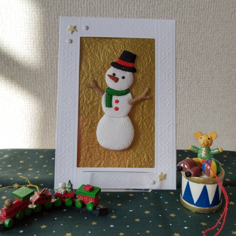 押し絵の雪だるま/雪だるま  スノーマン  押し絵  ちりめん細工  飾り物 クリスマス