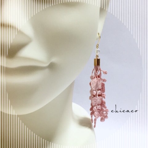 SALE♥天然石オーラ水晶のレースタッセルピアス／イヤリング mauve pink