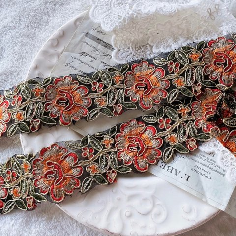 50cm単位 綺麗 花 フラワー 刺繍ブレード オレンジ×グリーン BK200835 ハンドメイド 手芸 素材 材料