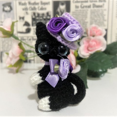 【送料無料】薔薇シルクハットの黒猫＊あみぐるみ