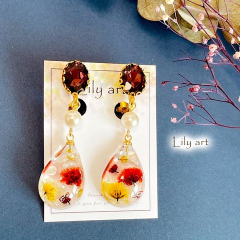 red＆yellowドライフラワーdropクリアイヤリング/ピアス