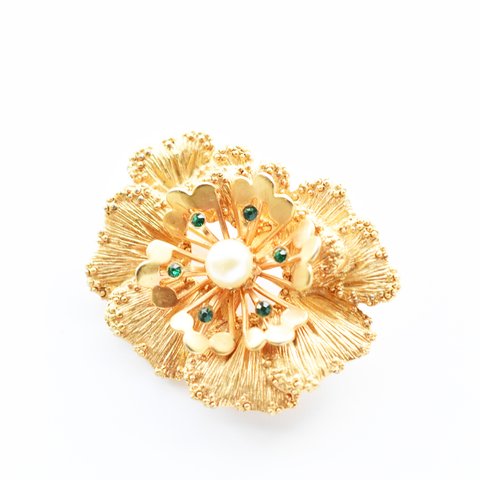 Vintage SARAH COVENTRY　 1960’s gold　flowermotif green rhinestone brooch