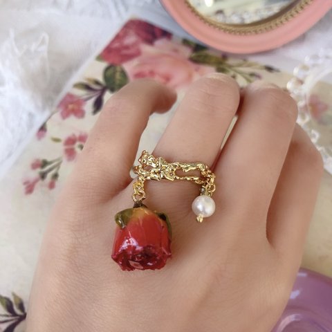 橙色の薔薇バラのフリーサイズ リング 指輪～クラシック ゴールド オレンジ