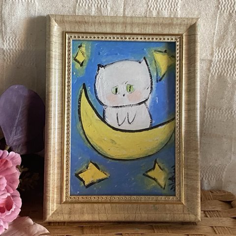 絵画。原画手描き【白い猫の夢の中で星と月と一緒にいる】