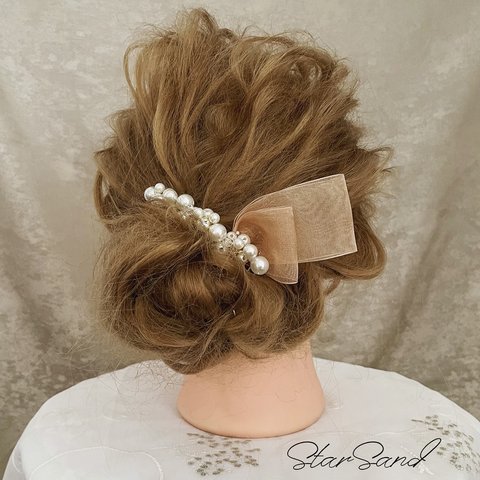 リボン　バレッタ  ヘッドドレス  小枝アクセサリー　　ヘアアクセサリー  ウェディング　花嫁　二次会