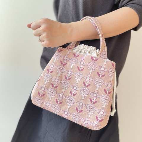 北欧花柄ピンクのミニトート巾着バッグ