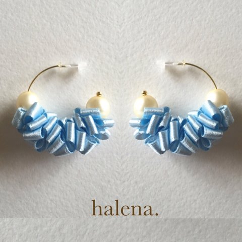 【halena.】リボンパールフープピアス アイスブルー