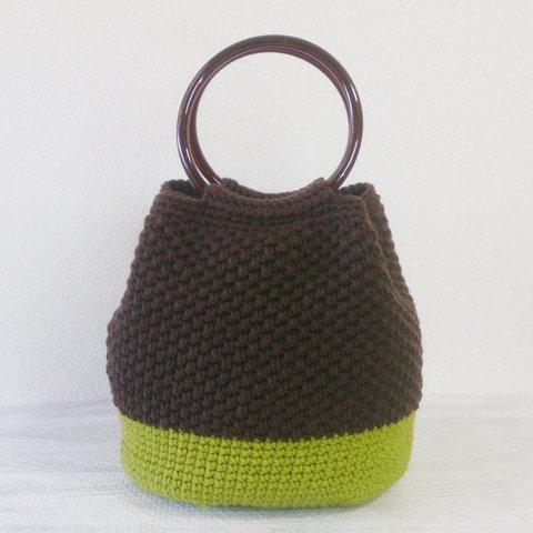 ニットバッグ (リング2way：チョコ×グリーン） 編み物  