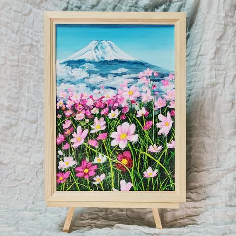 油絵 絵画 【コスモス畑と富士山 】