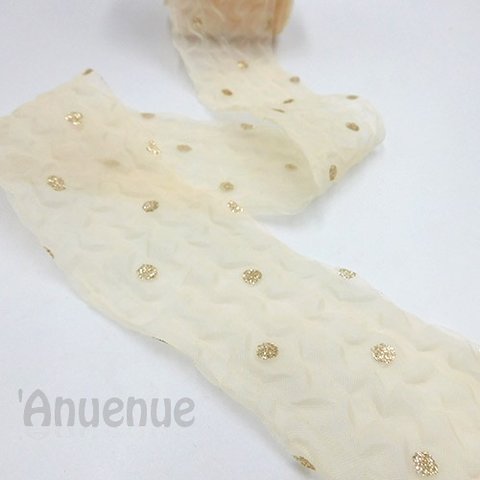 シワ加工シフォンドットリボン（Gold dots /Ivory Beige ）50mm×1ｍ