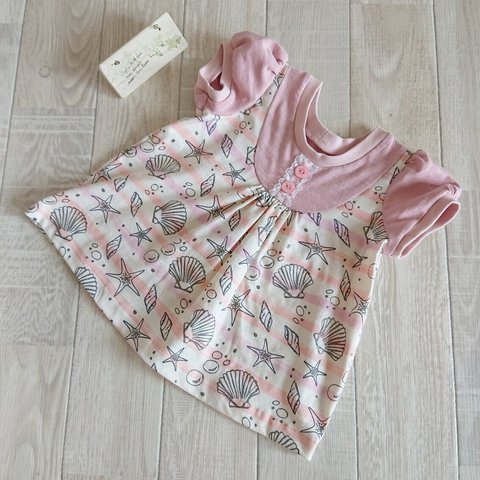 【100】ピンクのマリン柄が可愛い♡　女の子用　半袖 Tシャツ AラインのパフスリーブTシャツ