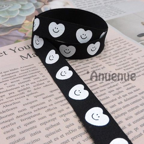 Kawaii リボン（White Heart Face /Black）16mm×2m