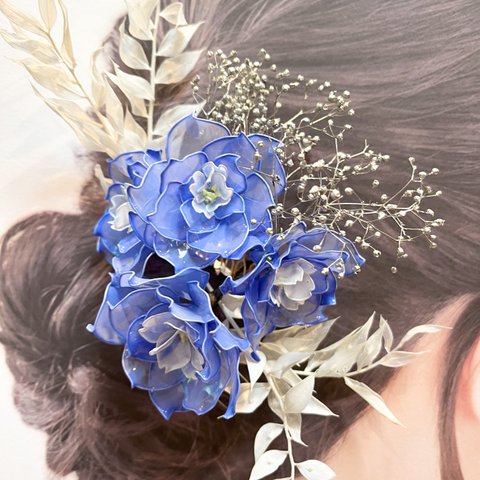 デルフィニウム　結婚式　卒業式　髪飾り　前撮り　アメリカンフラワー　ディップアート　ドライフラワー　ブルー系　シルバー系
