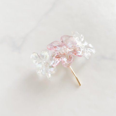 ピンク/透明感♡お花のポニーフック