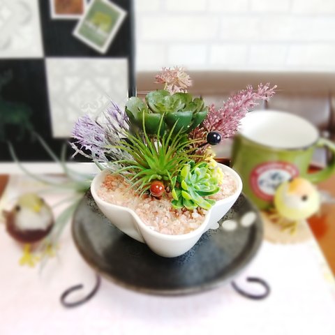 四つ葉のクローバー 陶器 多肉 寄せ植え フェイクグリーン　パープル【キッチン 玄関】