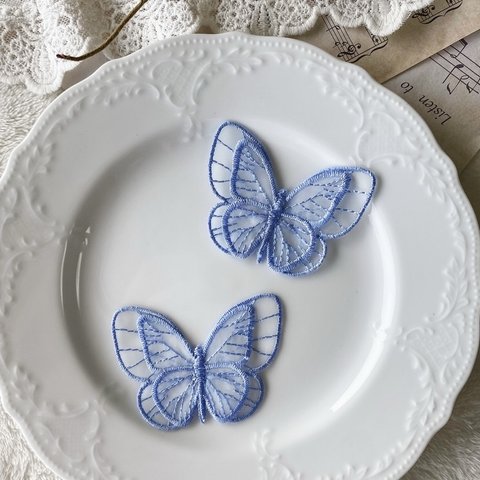1枚 綺麗 蝶 オーガンジー刺繍 レースモチーフ アップリケ ブルー BK210802 ハンドメイド 手芸 素材 材料