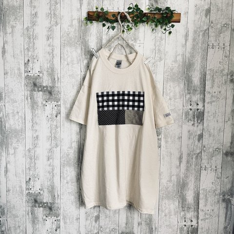 夏生成り色cotton100%パッチロングTシャツ