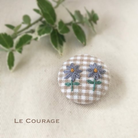【mini】チェックと花の刺繍ブローチ(青)