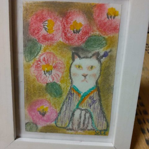 椿と猫。　パステル画。