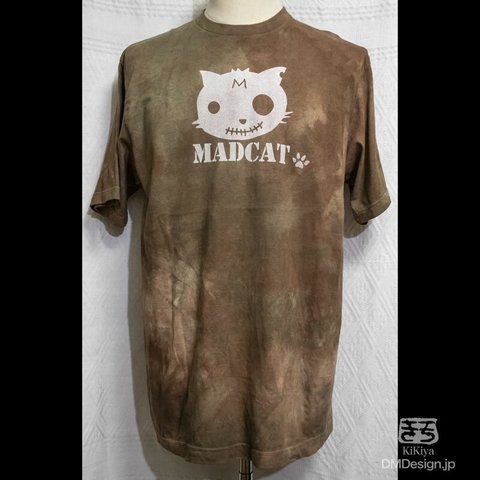 (XL)手染め+プリント一点もの MADCAT白猫 半袖Tシャツ「茶」（1-340）