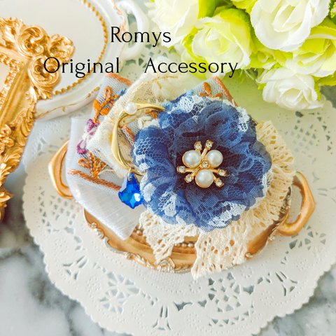 インド刺繍とレースネイビーフラワーのアンティーク風リボン♡ヘアクリップ　バレッタ