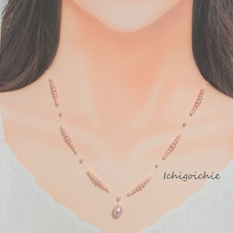 ☆人気のため再販！ K14　パステル　シンプル　透け感　パール　インビジブル　Floating　　ネックレス　保証書付　petite fleur  【№2102073】