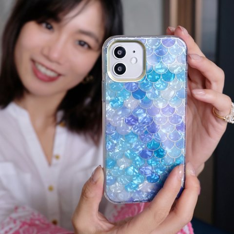 ブルー マーメイド シェル ◆ iphone13 13pro  iphone12 ◆ バンカーリング 付き ♥ ハードケース キラキラシェル素材