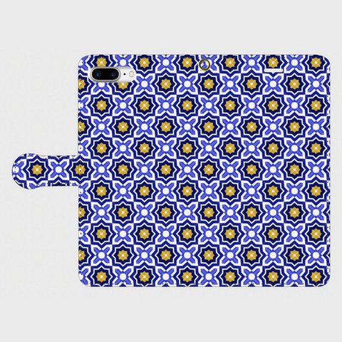 北欧デザイン　手描きタイルパターン（青×黄色）　iphone　6plus/7plus/8plus専用　手帳型ケース