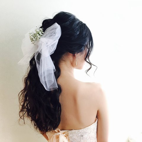 結婚式　チュールリボン  ヘッドドレス ヘアアクセサリー 髪飾り ブライダルヘア    