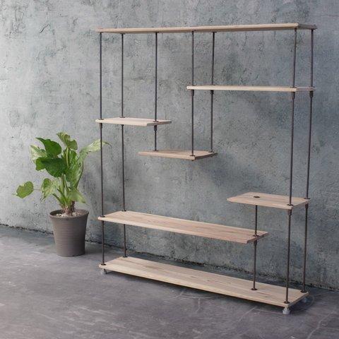 【即納】wood iron shelf 1040*910*180〈サンドカラー〉（アイアン 棚 シェルフ ウッド 鉄 木 収納棚 アンティーク オープンラック 両面棚 段違い棚 観葉植物）