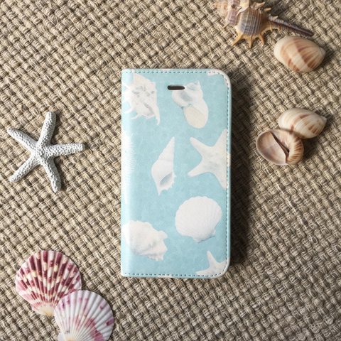【名入れ対応】貝殻 シェル柄 スマホケース iPhoneケース 手帳型♪西海岸 海 アイスブルー 夏にぴったりなスマホケース♪ マリン
