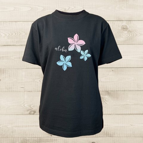 ハワイアンデザインTシャツ プルメリアのイラスト 南国のお花 ノースショア ハワイ 半袖カットソー グラデーション