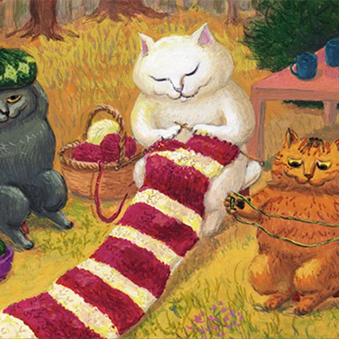 57. カマノレイコ　猫ポストカード２枚組　「編み物」