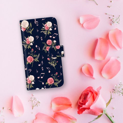 『柔らかいピンクの薔薇と音符　ネイビー』iPhone/android 花と音符シリーズvol.1 手帳型ケース ほぼ全機種対応 iPhone14 Xperia AQUOS Galaxy ピアノ 音楽