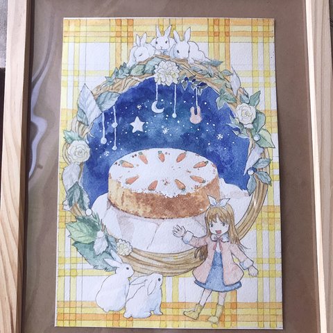 【水彩画】キャロットケーキとうさぎ