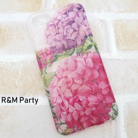 ピンク紫陽花柄スマホケースiPhoneSE/iPhone12/iPhoneXR/iPhone11/iPhone12mini/iPhone11Pro/iPhone12ProMax