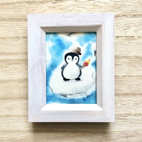 🐧透明水彩画「ペンギンのおやつタイム」イラストミニ額  ギフト  プチギフト  マリン 暑中見舞い　母の日　母の日ギフト　父の日　父の日ギフト🐧