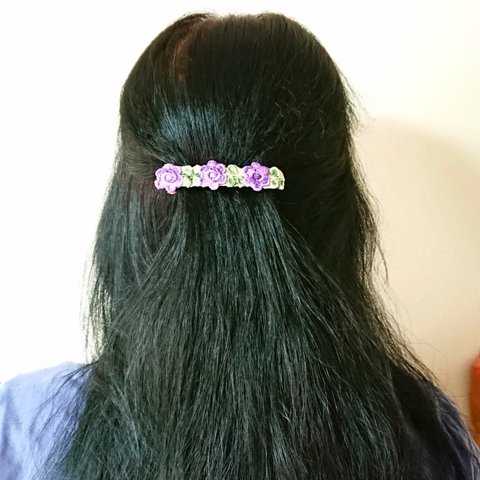 バレッタ・夏アクセサリー・ヘアアクセサリー・髪飾り・紫色・お花・贈り物・ プレゼント・誕生日・母の日・敬老の日・着物・浴衣・簡易ラッピング