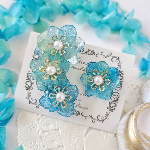 紫陽花イヤーカフ&ピアス-Summer blue bloom petals ear cuffs-【サマーブルーグラデーション】