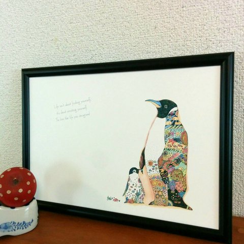 ②ペンギン　インテリアポスター 　アートイラスト　Emperor penguins  A4/B4
