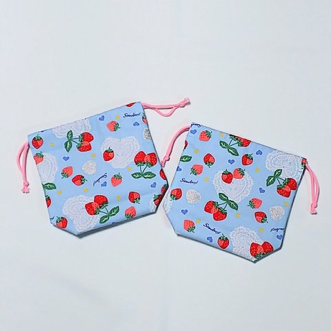 ＜入園入学準備＞ イチゴ🍓とハートのレース❤️  のコップ入れ☆両ひも巾着