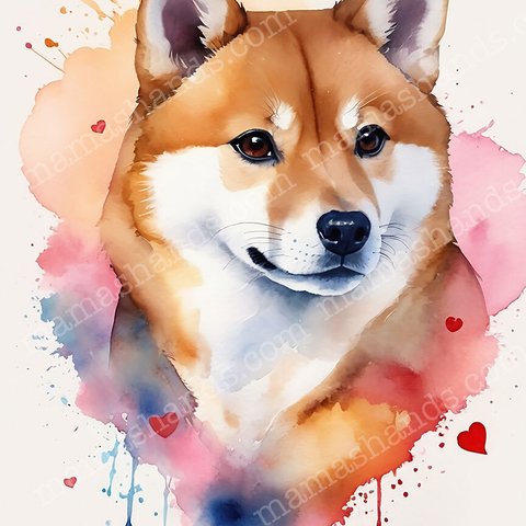 柴犬とハートの水彩画 イラストアート（デジタルコンテンツ ダウンロード販売）