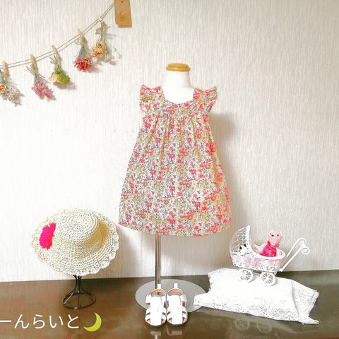 【一点物】【90cm】リバティ風花柄のヨークワンピース（コットン）